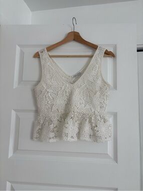 Zara White Floral Lace Peplum Cropped Tank